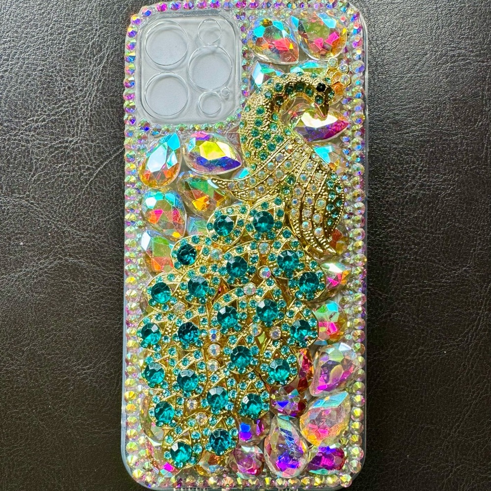 IPHONE 12 PRO cell phone case CUSTOM DESIGNED AB crystals/rhinestone PEACOCK.